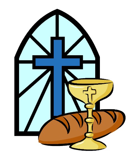 A Clip art image of a loaf of bread and a communion chalice by a stained glass window.