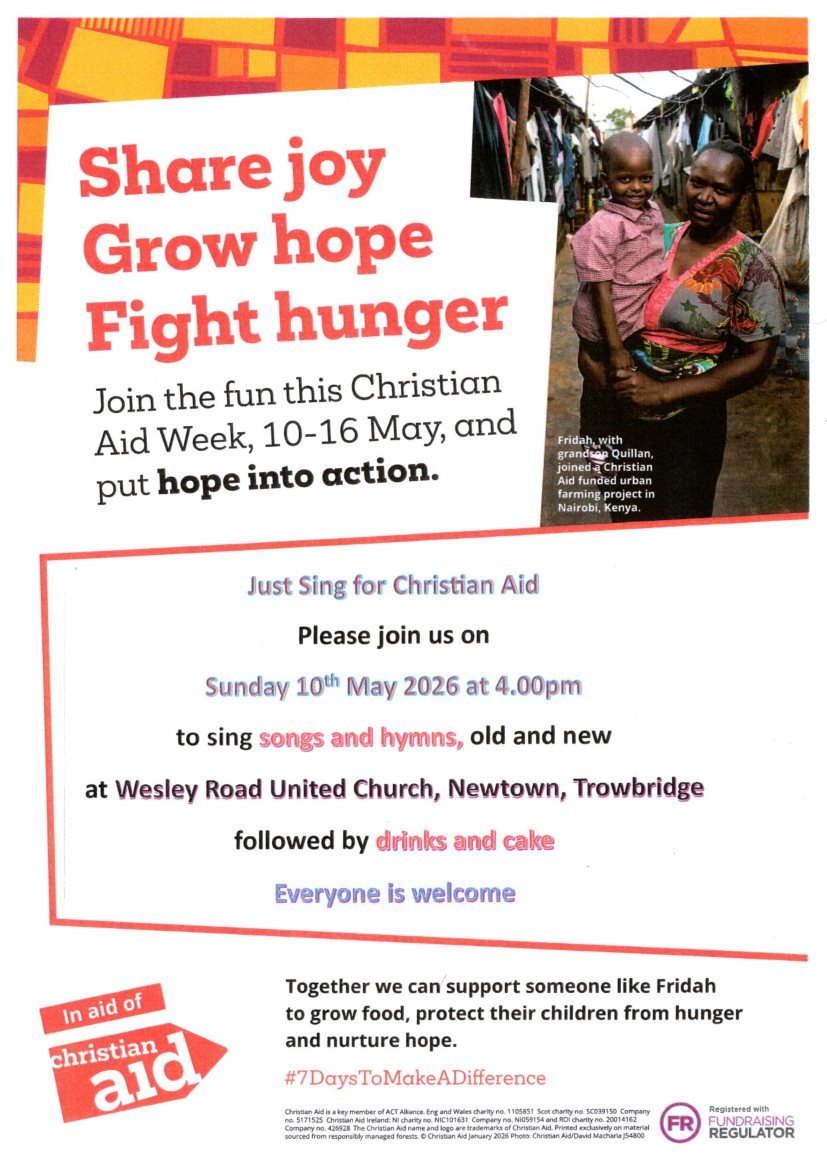 Sing for Christian Aid at Wesley Road Church Sunday 10th May 4pm