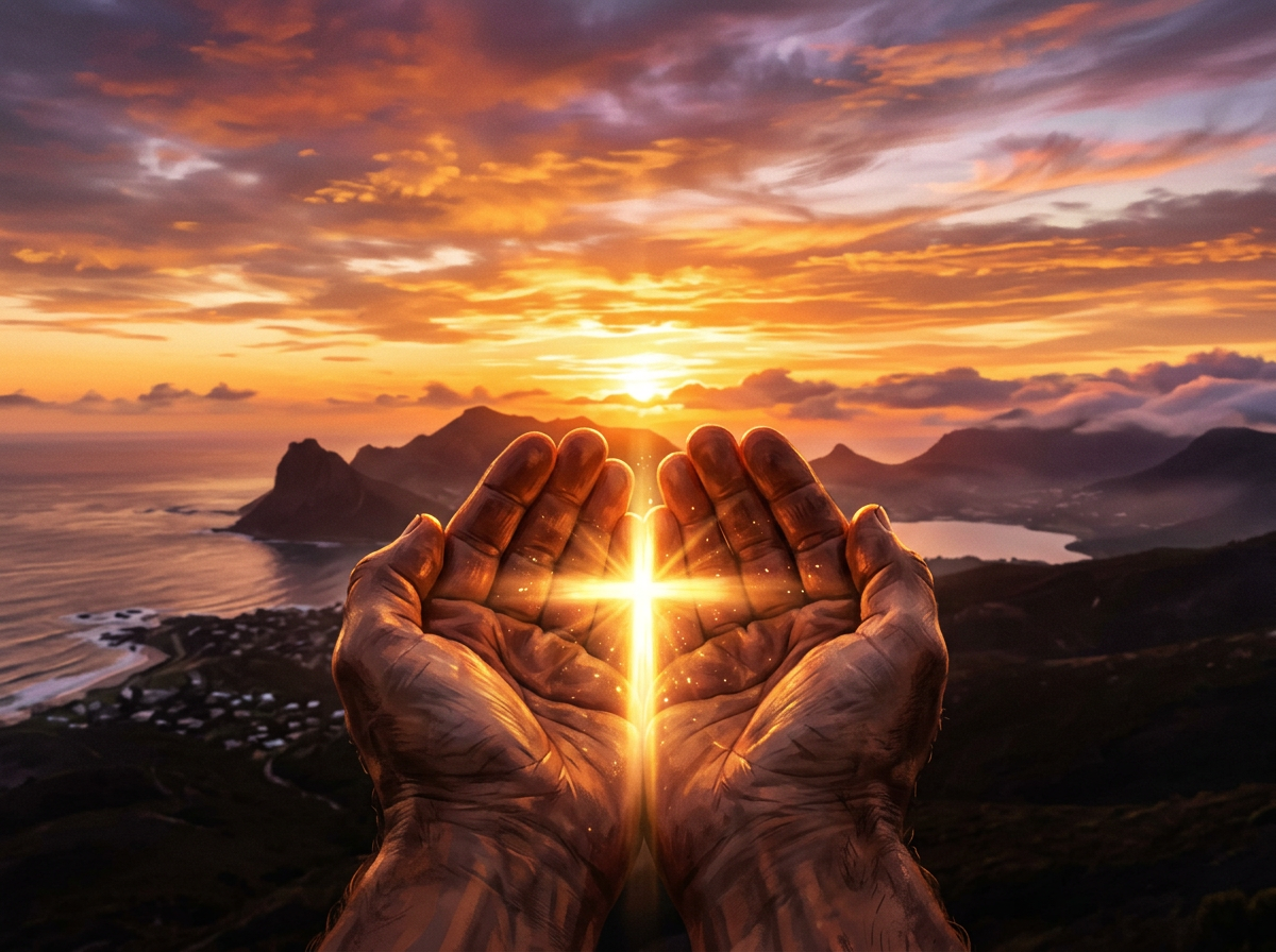 Hands holding a glowing cross with a colorful sunset and mountains in the background