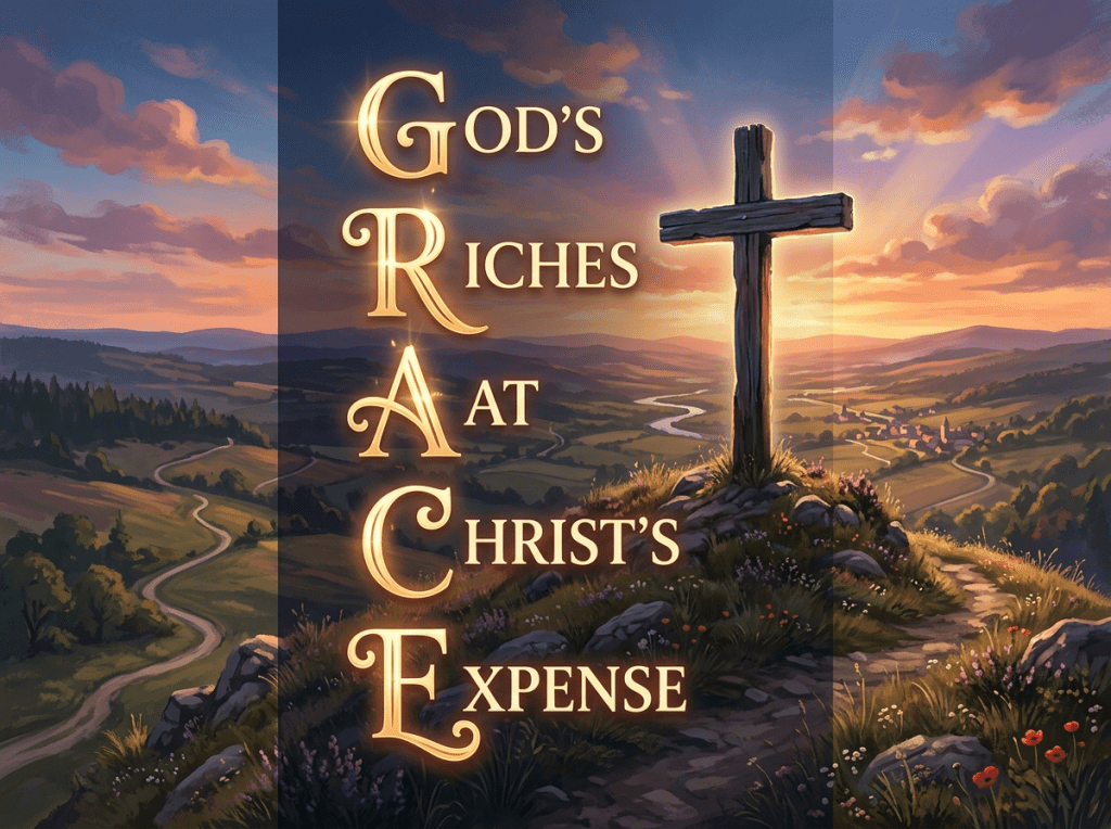 Wooden cross on a hill with glowing text 'God's Riches At Christ's Expense'